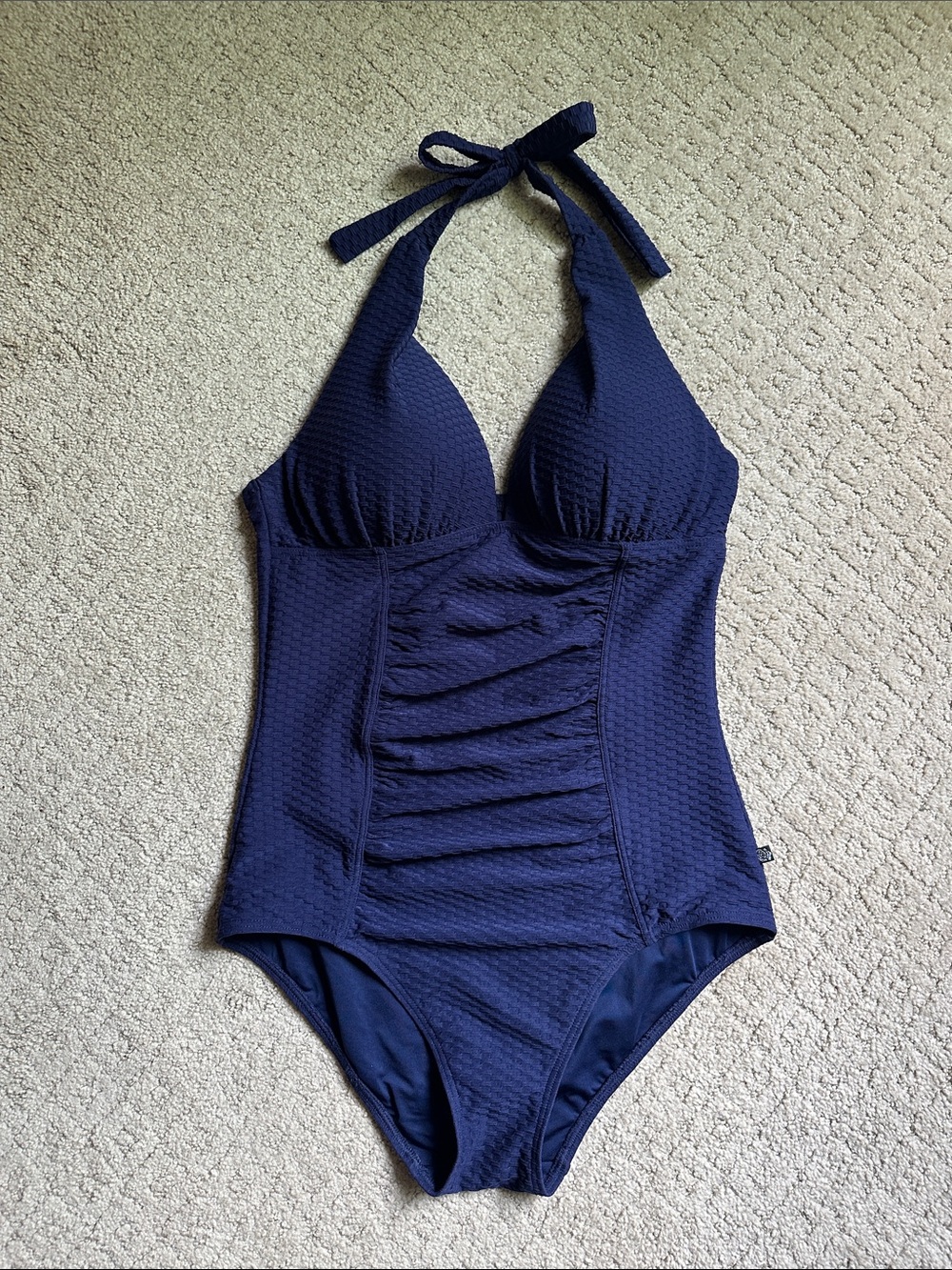 Aqua Rose Navy Textured One Piece Halter Swimsuit Size M